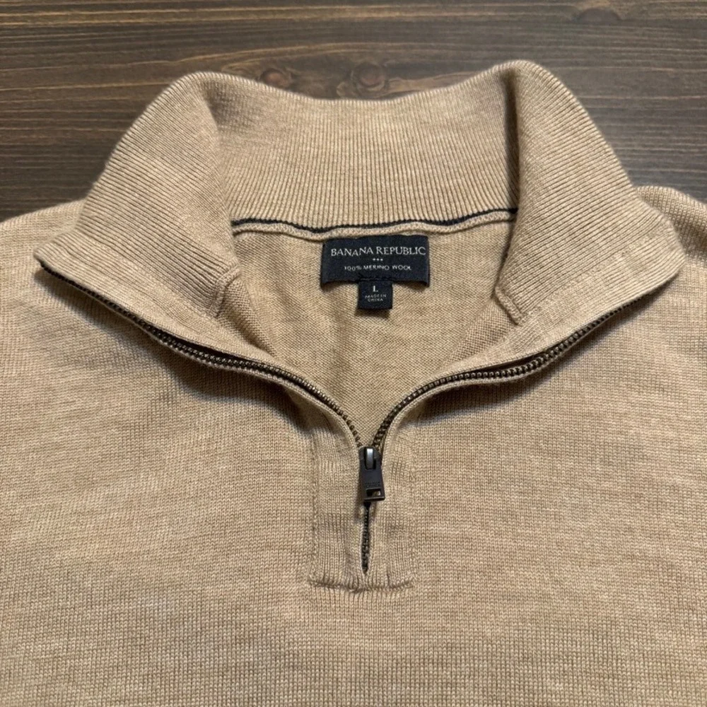 Banana Republic‎ sweater Large Khaki Beige 100% merino wool 1/4 zip mock neck